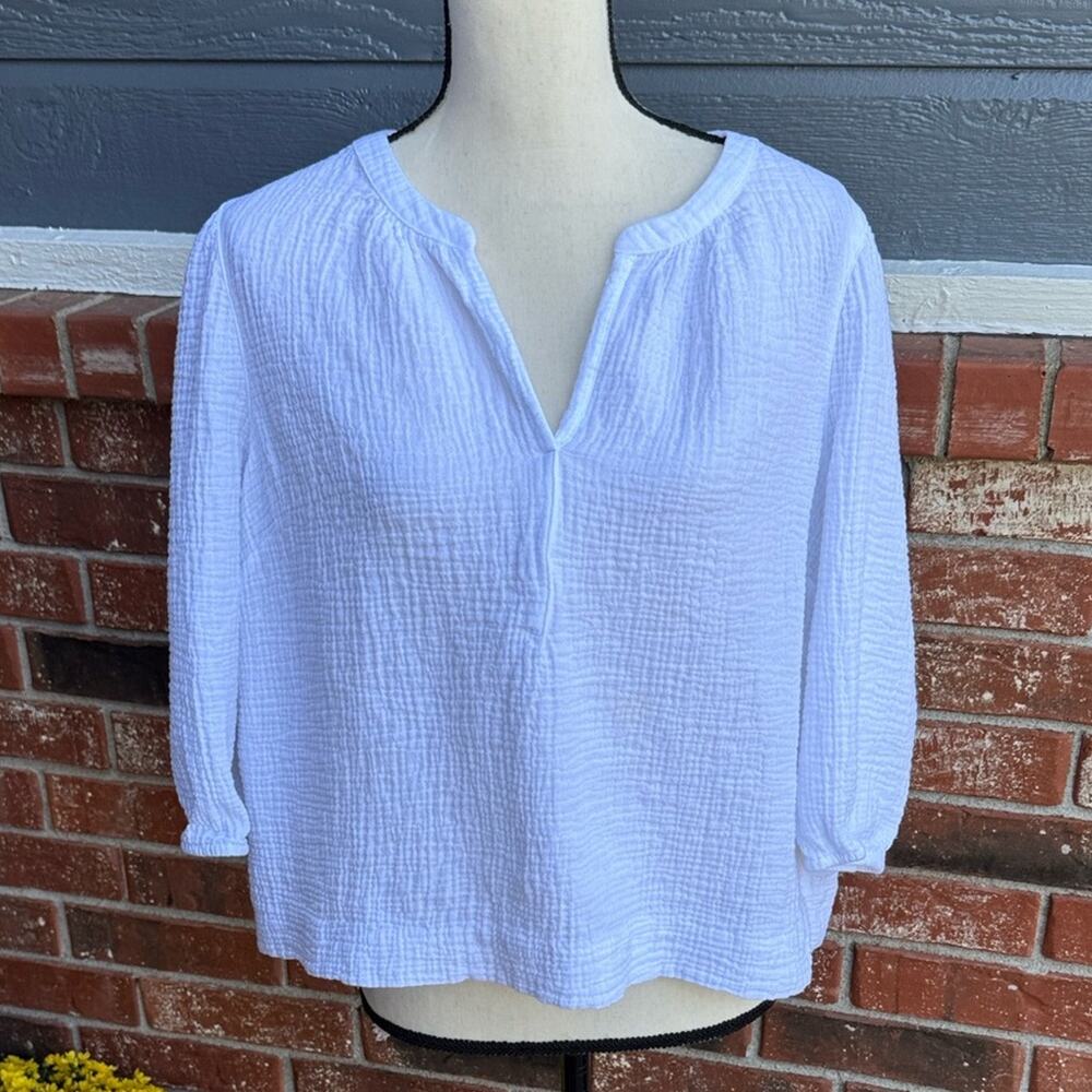 J. Jill Petite Large White 100% Cotton Gauze 3/4 Sleeve Split Neck Blouse Top